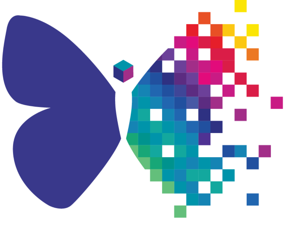 A stylized butterfly logo composed of a solid purple shape on the left and colorful pixelated elements dispersing on the right, featuring hues of blue, green, pink, yellow, and red.